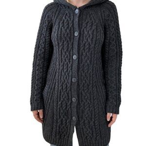Inis Crafts Womens Charcoal Grey 100% Wool Irish Fisherman Hooded Cardigan Sz L
